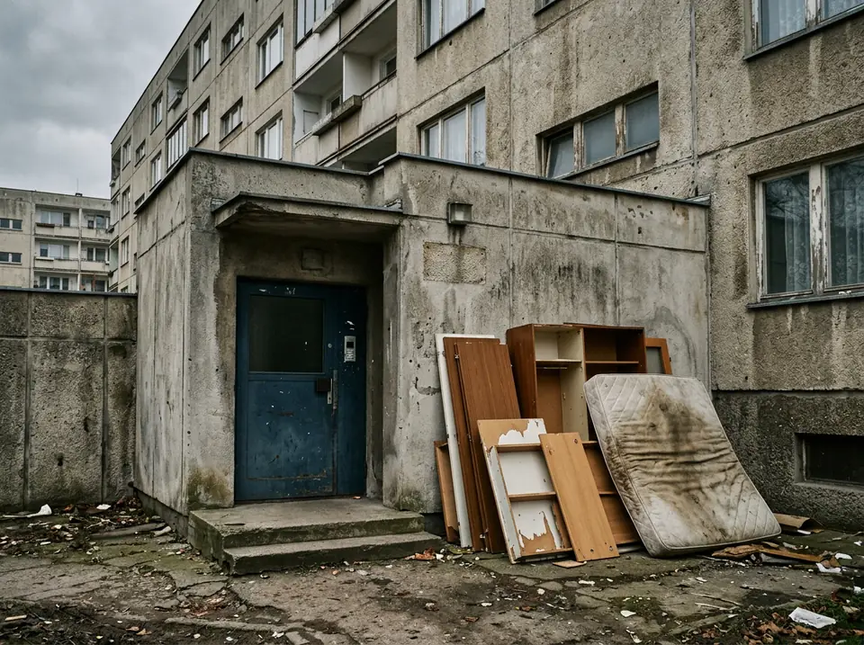 Panelház földszinti bejárata mellett kihordott régi bútorok