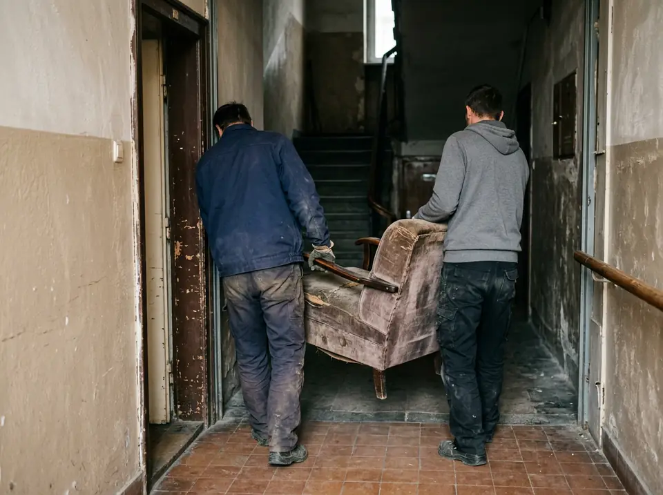 Két munkás régi fotelt visz ki egy lakás bejárati ajtaján
